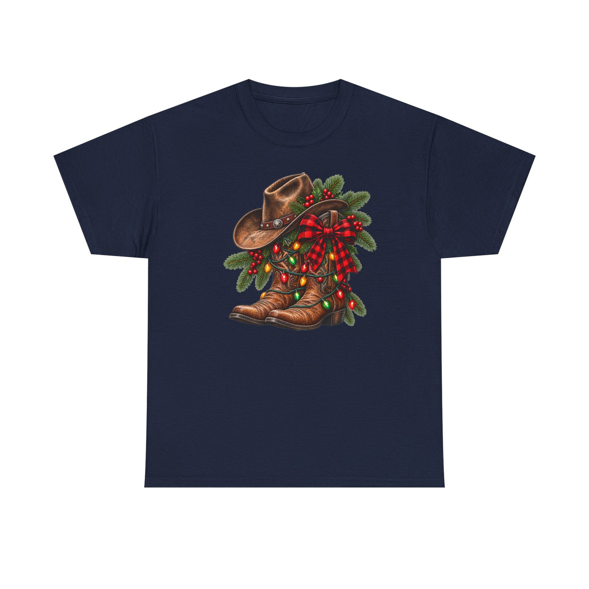 Western Christmas Tee — Cowboy Boot & Hat Holiday Design