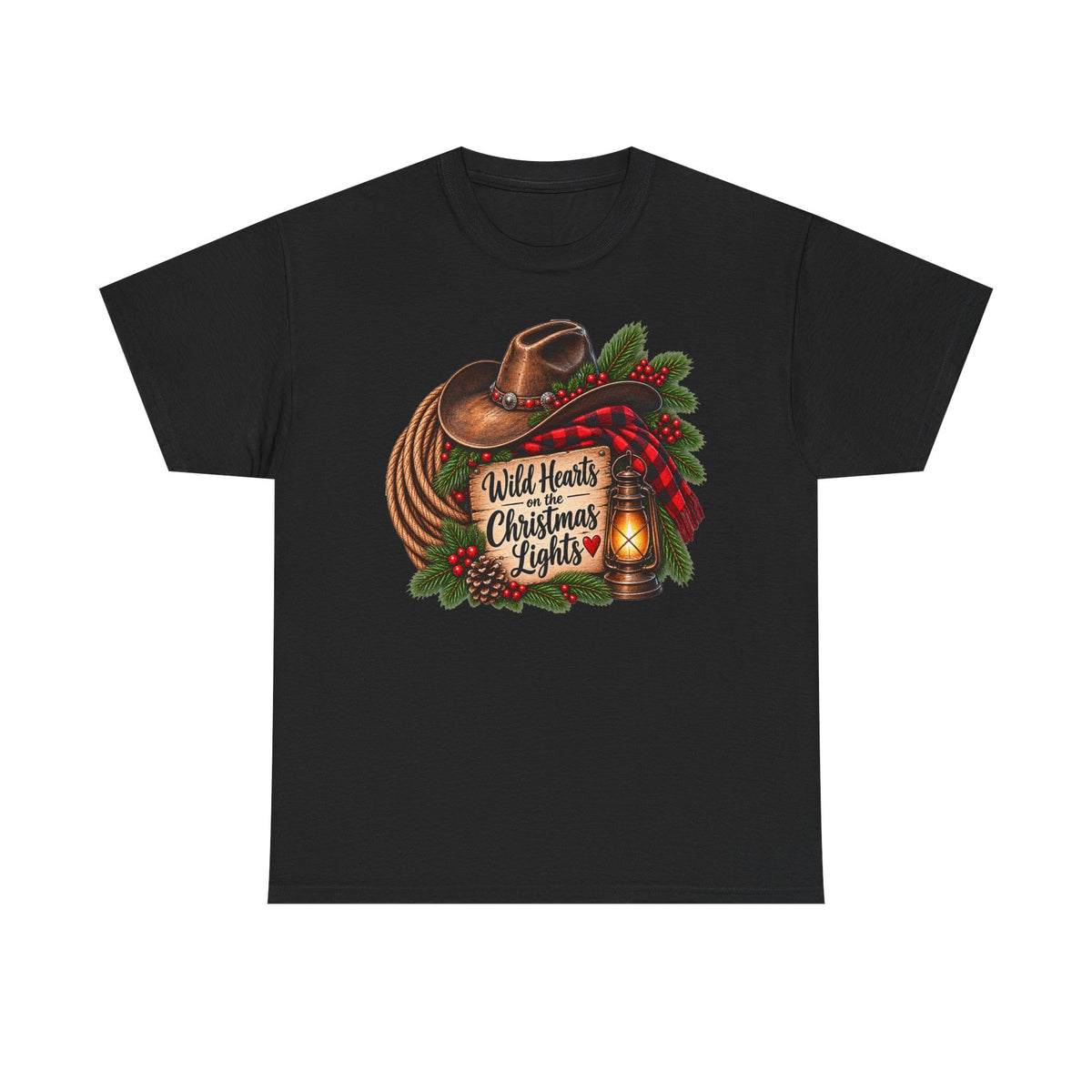 Christmas Lights Cowboy T-Shirt — "Wild Hearts & Christmas Lights" Festive Western Tee