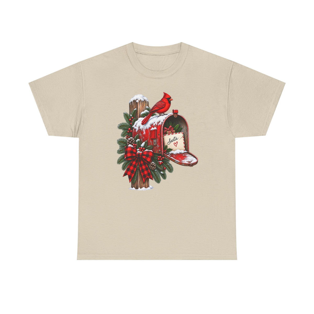 Christmas Cardinal Mailbox T-Shirt — Holiday Wreath & Red Cardinal Tee