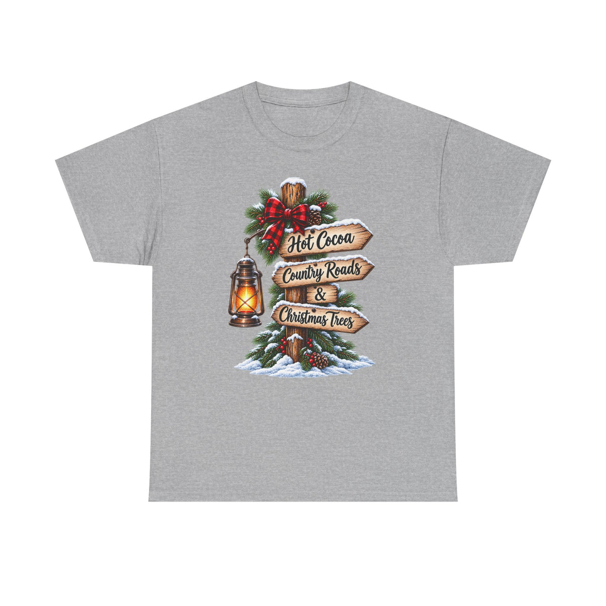 Christmas Signpost T-Shirt — “Hot Cocoa, Country Roads & Christmas Trees” Holiday Tee
