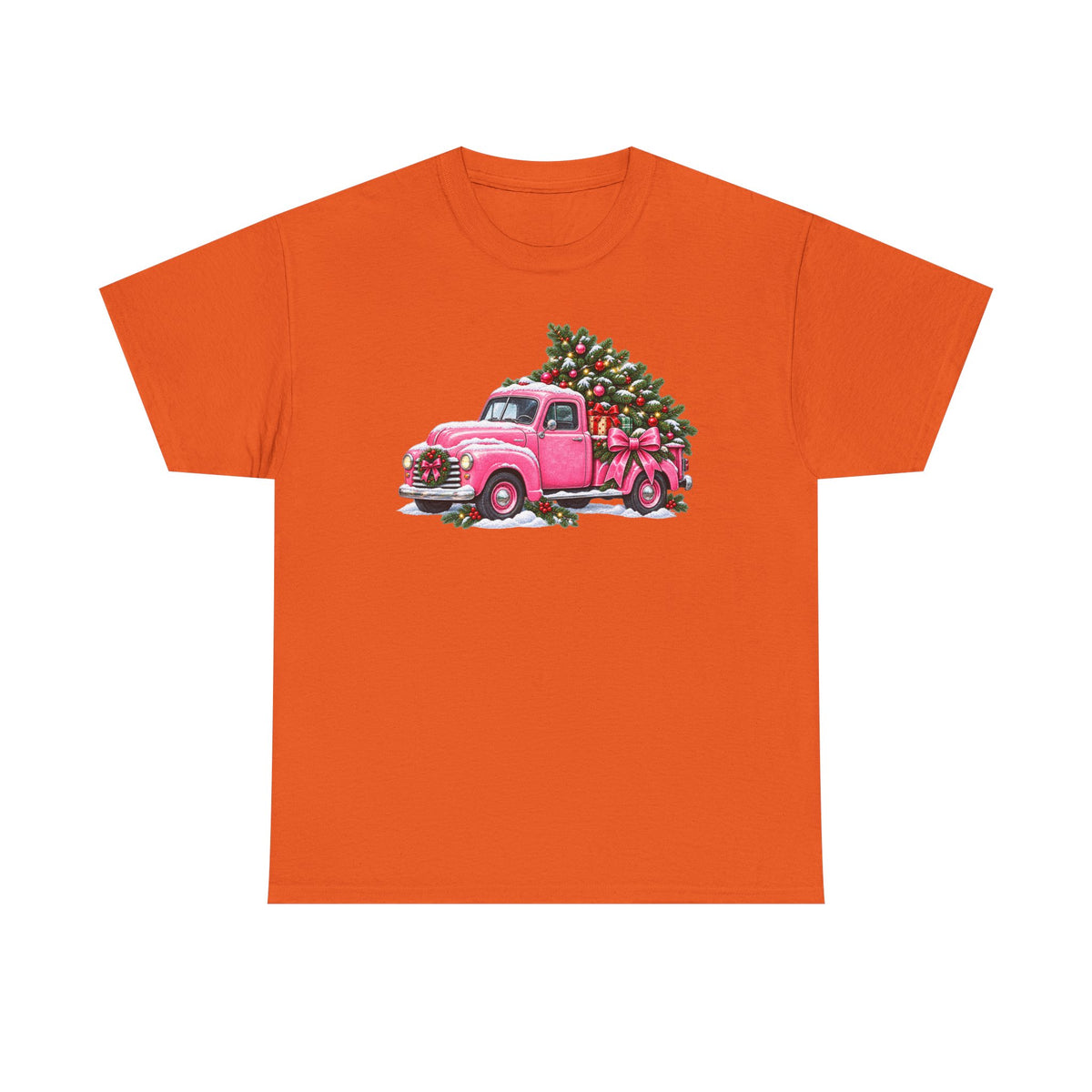Vintage Pink Truck Christmas Tee — Retro Holiday Tree Shirt