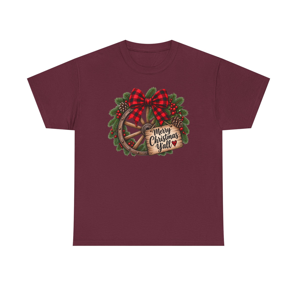 Christmas Wagon Wheel Tee — “Merry Christmas Y’all” Plaid Wreath Holiday Shirt