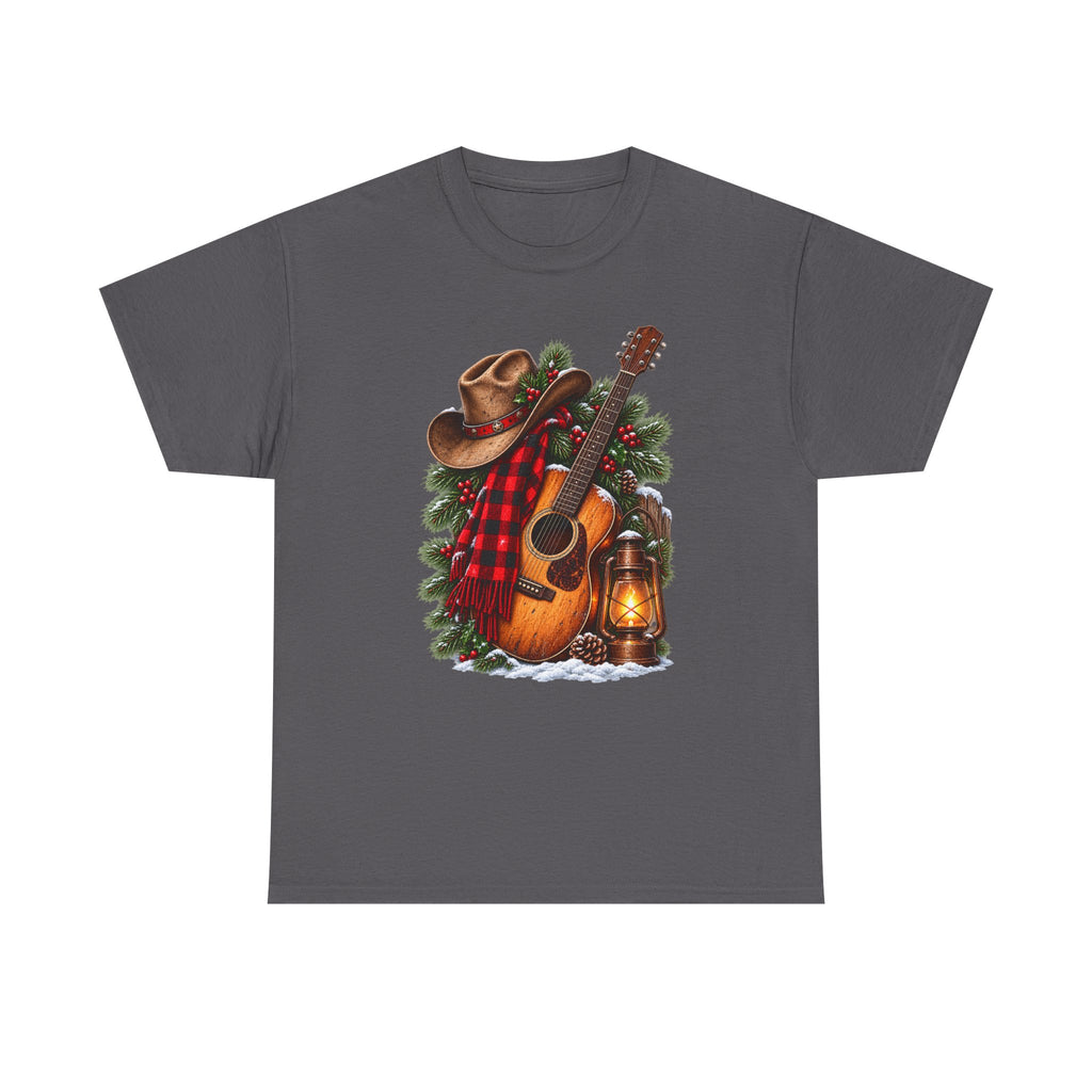 Country Christmas Guitar T‑Shirt — Cowboy Hat, Plaid & Lantern Holiday Tee