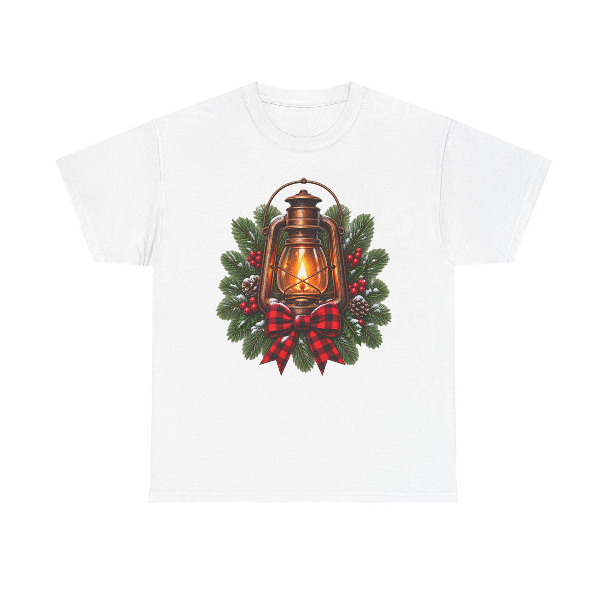 Lantern & Pine Wreath Tee — Rustic Christmas Holiday T-Shirt