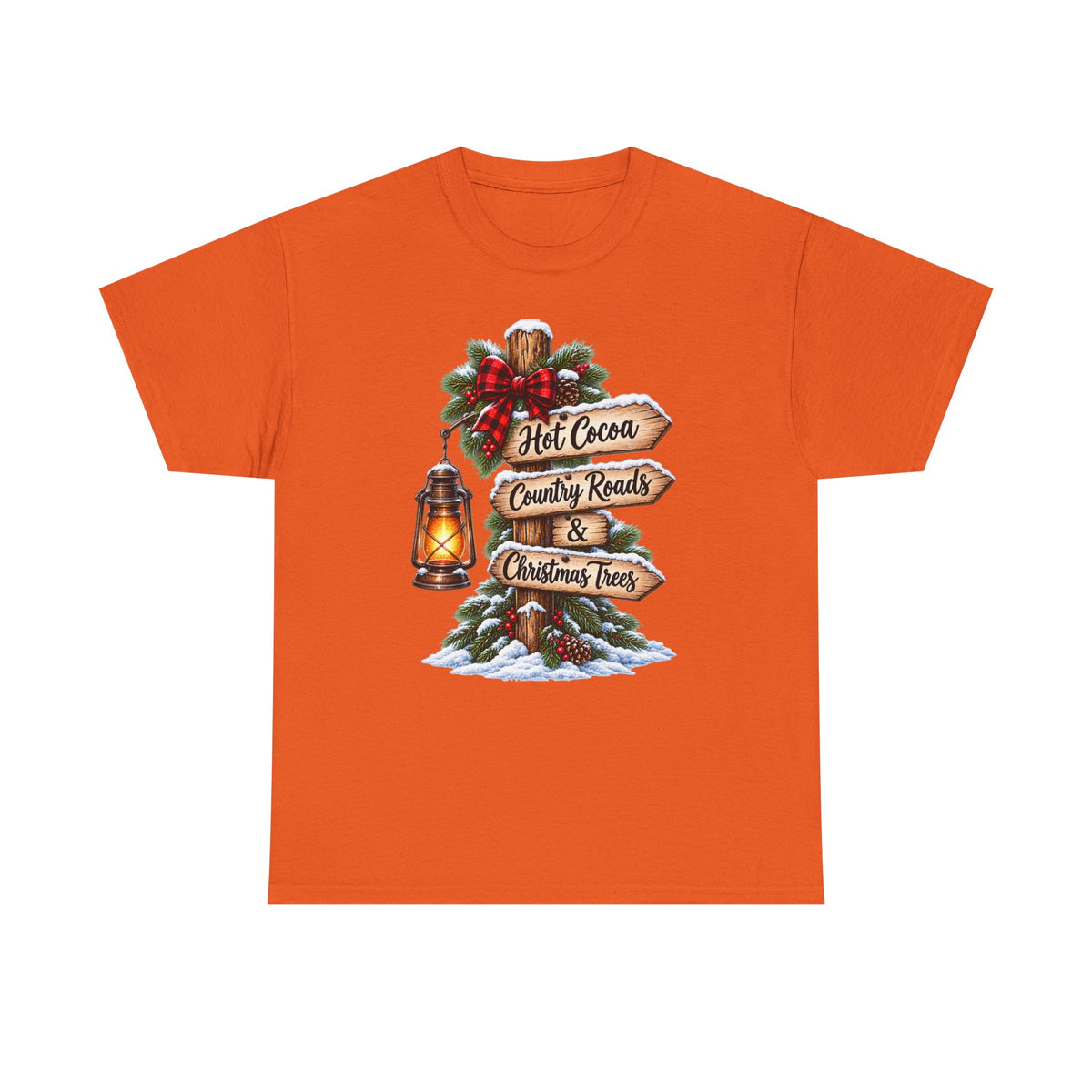 Christmas Signpost T-Shirt — “Hot Cocoa, Country Roads & Christmas Trees” Holiday Tee