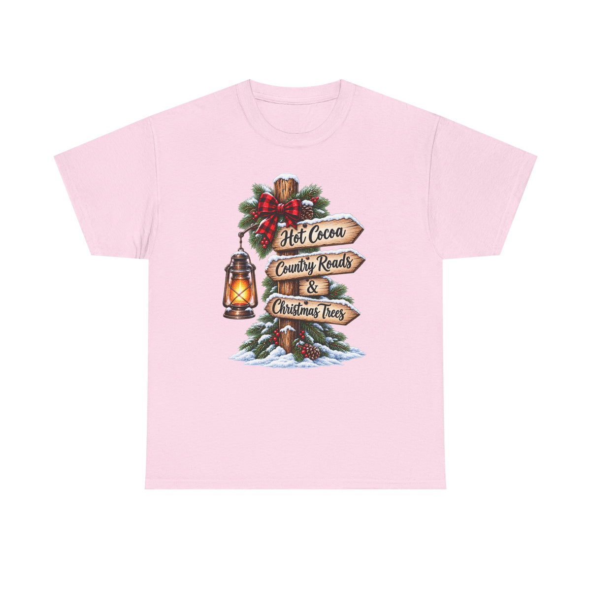Christmas Signpost T-Shirt — “Hot Cocoa, Country Roads & Christmas Trees” Holiday Tee
