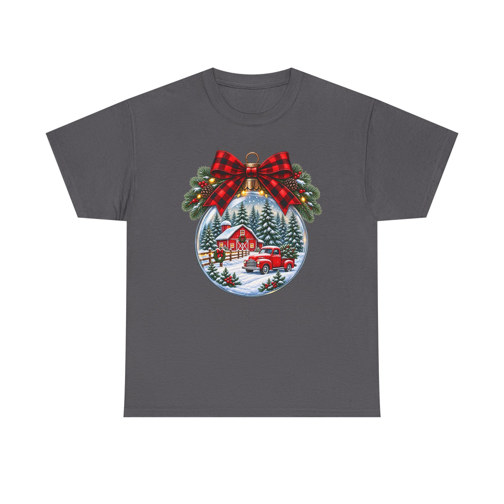 Christmas Ornament Scene T-Shirt — Vintage Red Truck & Snowy Cabin Holiday Tee