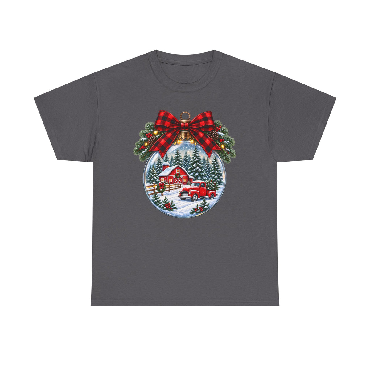 Christmas Ornament Scene T-Shirt — Vintage Red Truck & Snowy Cabin Holiday Tee
