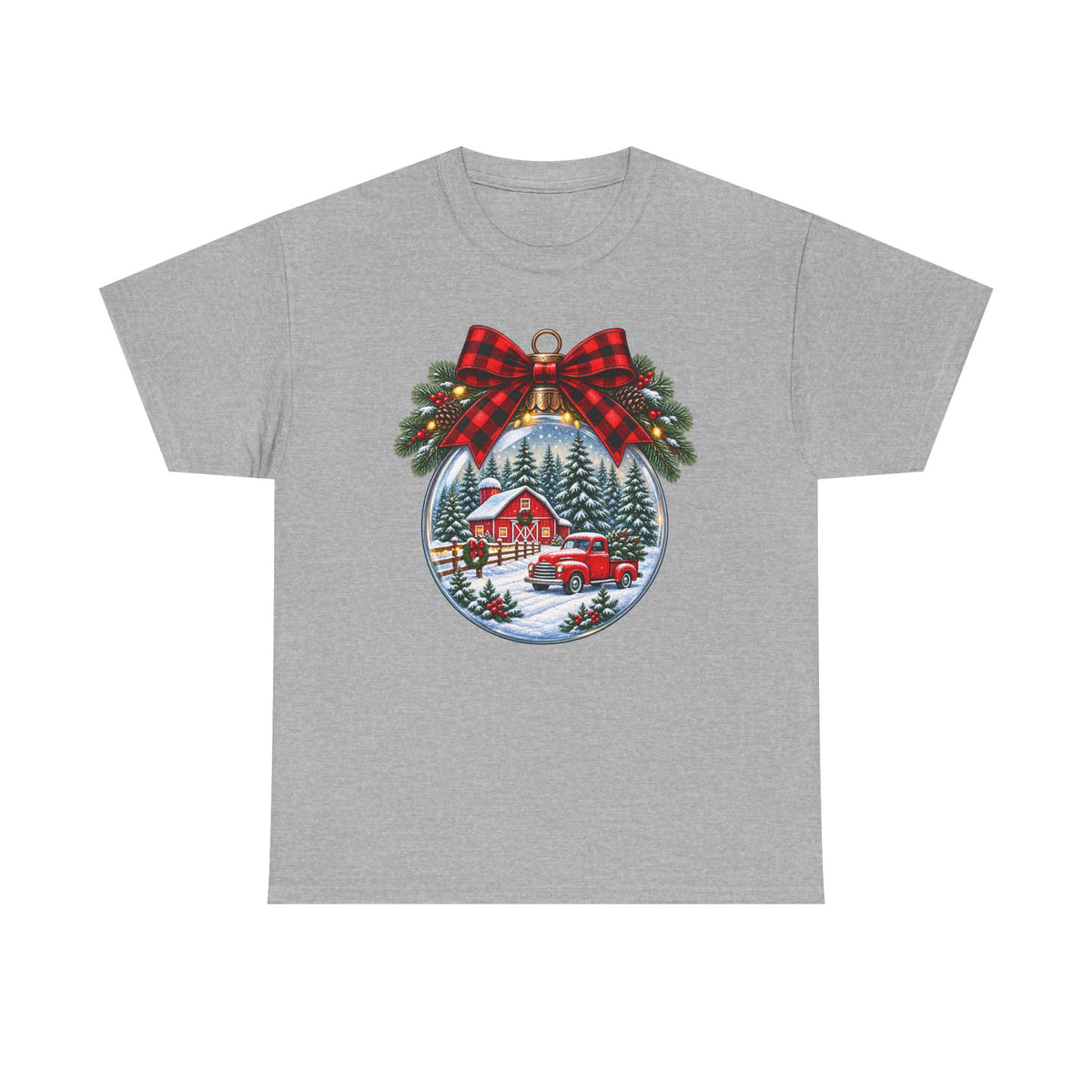 Christmas Ornament Scene T-Shirt — Vintage Red Truck & Snowy Cabin Holiday Tee