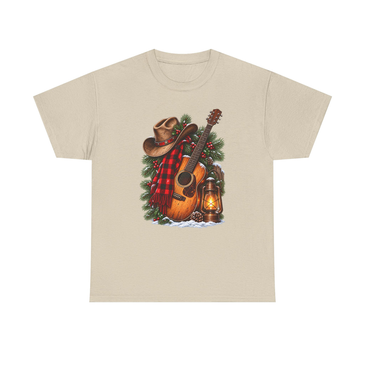 Country Christmas Guitar T‑Shirt — Cowboy Hat, Plaid & Lantern Holiday Tee