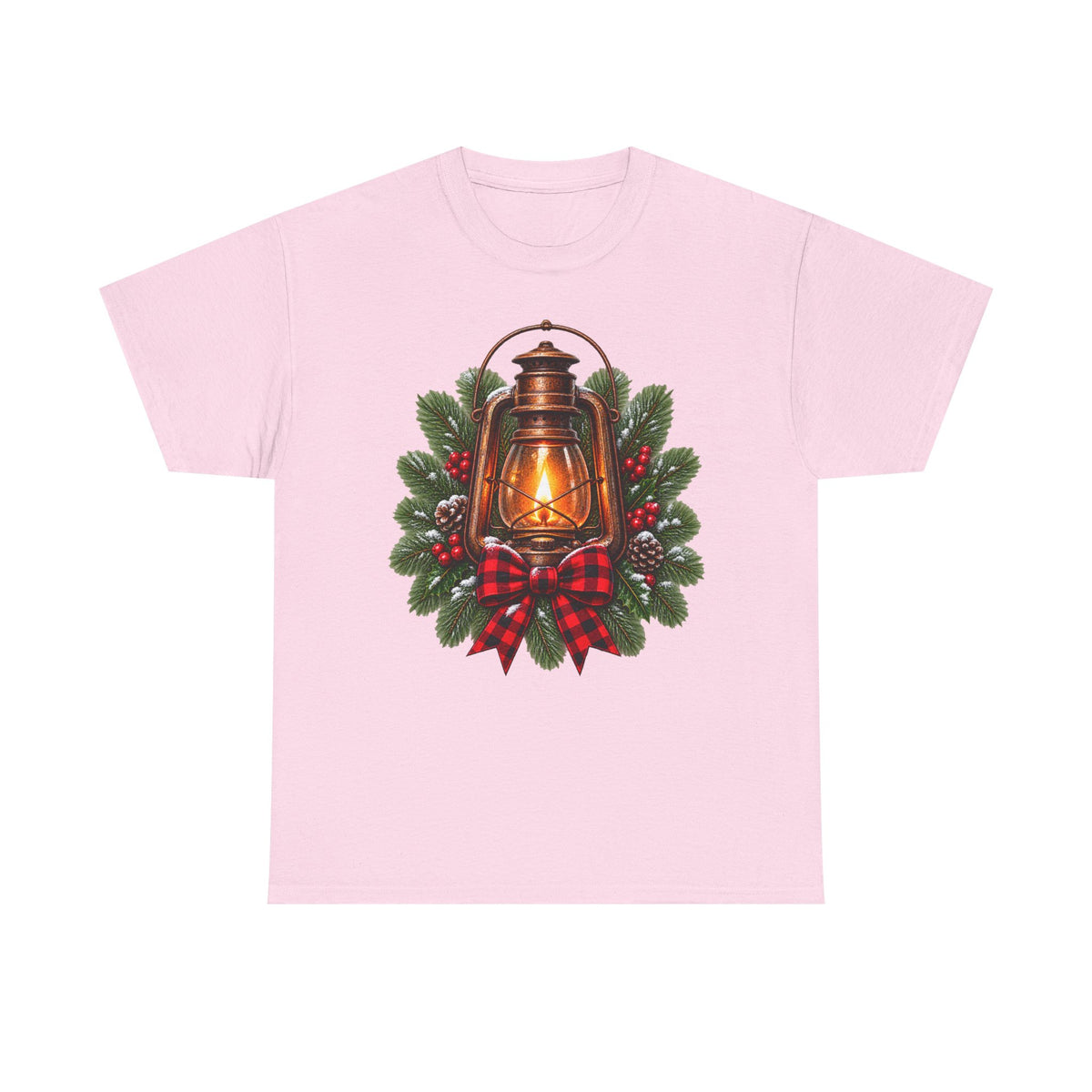 Lantern & Pine Wreath Tee — Rustic Christmas Holiday T-Shirt