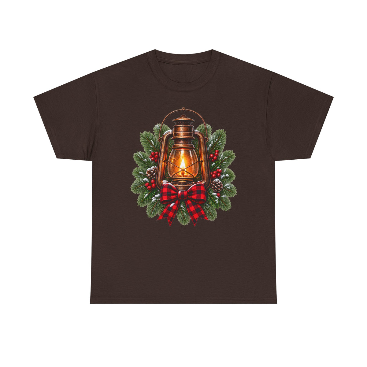 Lantern & Pine Wreath Tee — Rustic Christmas Holiday T-Shirt