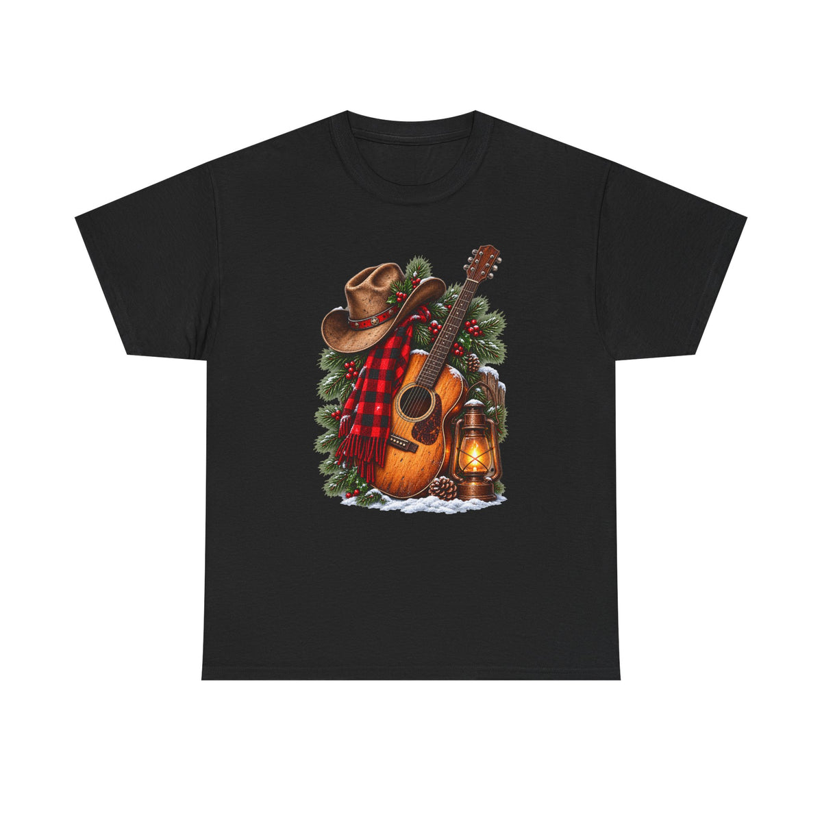 Country Christmas Guitar T‑Shirt — Cowboy Hat, Plaid & Lantern Holiday Tee