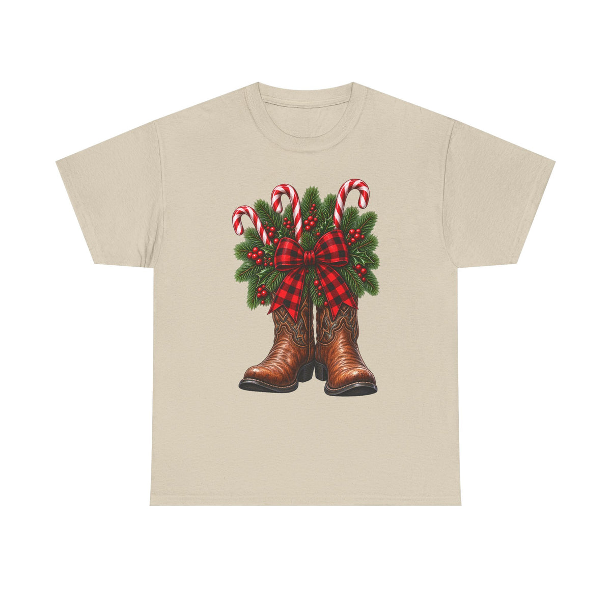 Cowboy Boots Christmas Tee — Holiday Cowboy Boots with Candy Canes & Wreath
