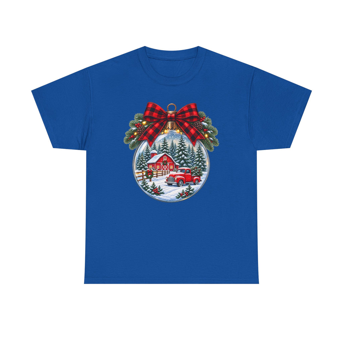 Christmas Ornament Scene T-Shirt — Vintage Red Truck & Snowy Cabin Holiday Tee