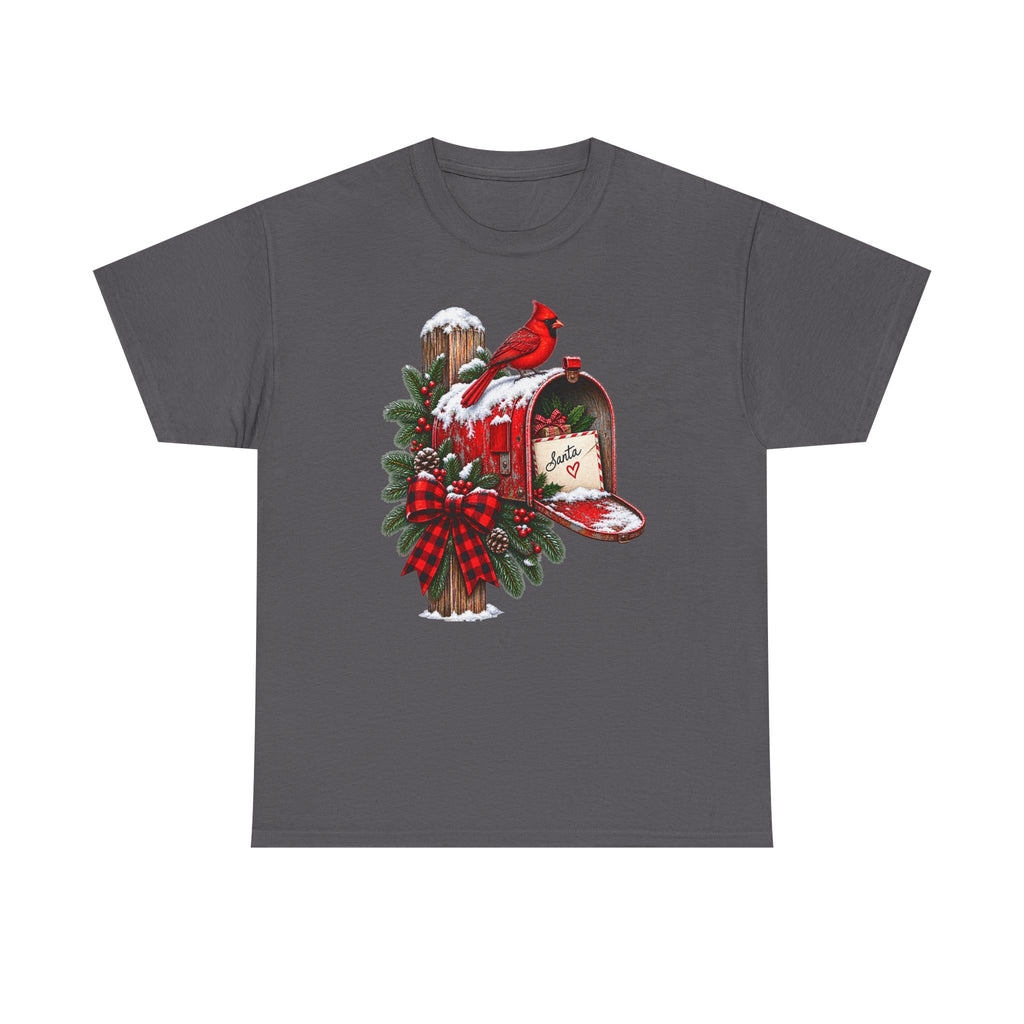 Christmas Cardinal Mailbox T-Shirt — Holiday Wreath & Red Cardinal Tee