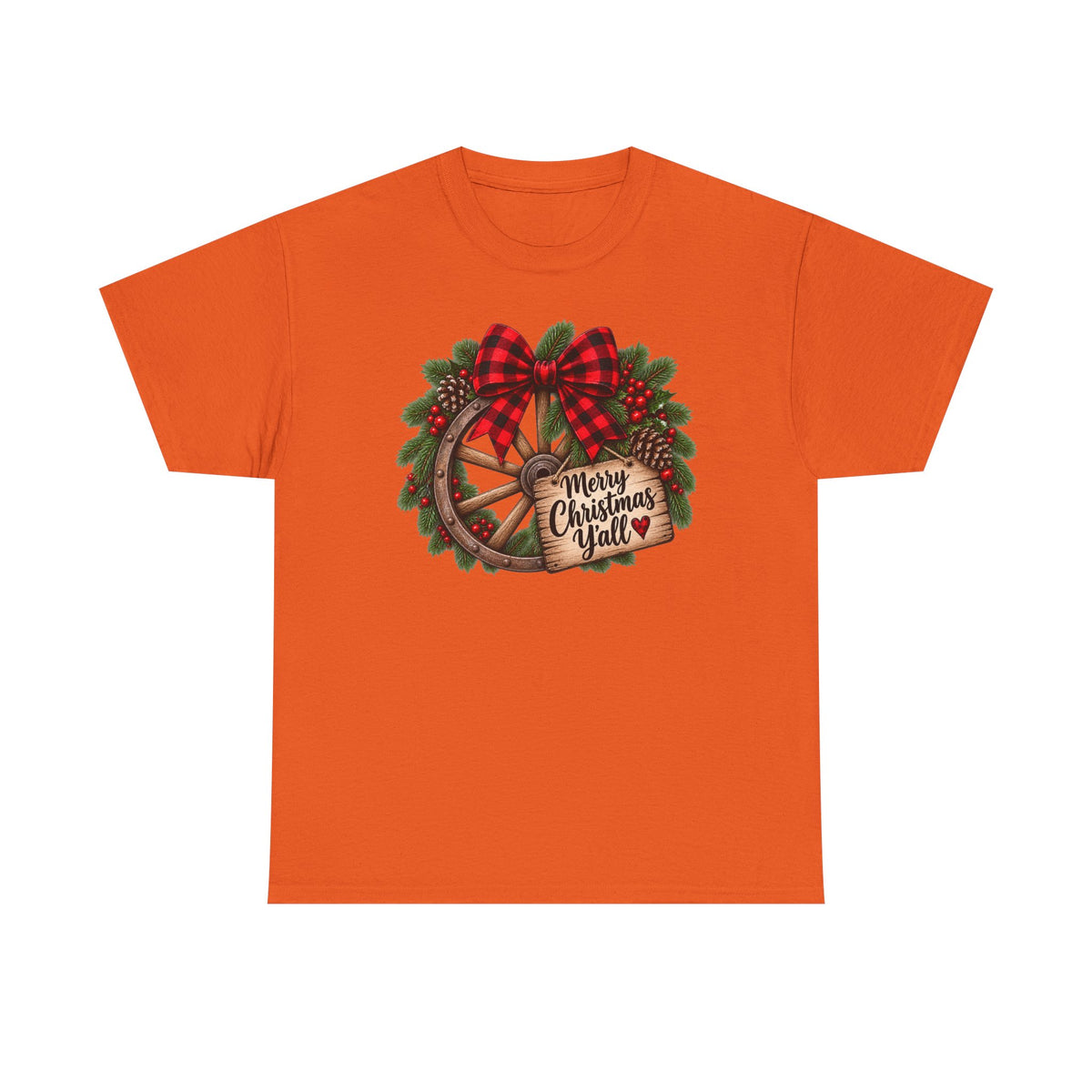 Christmas Wagon Wheel Tee — “Merry Christmas Y’all” Plaid Wreath Holiday Shirt