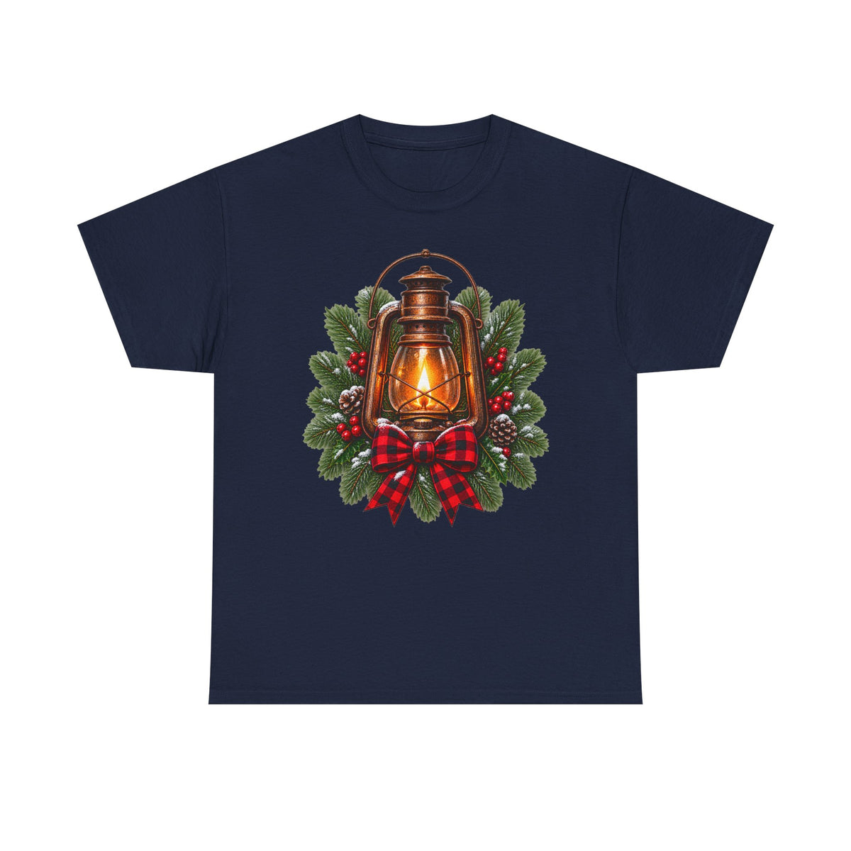 Lantern & Pine Wreath Tee — Rustic Christmas Holiday T-Shirt