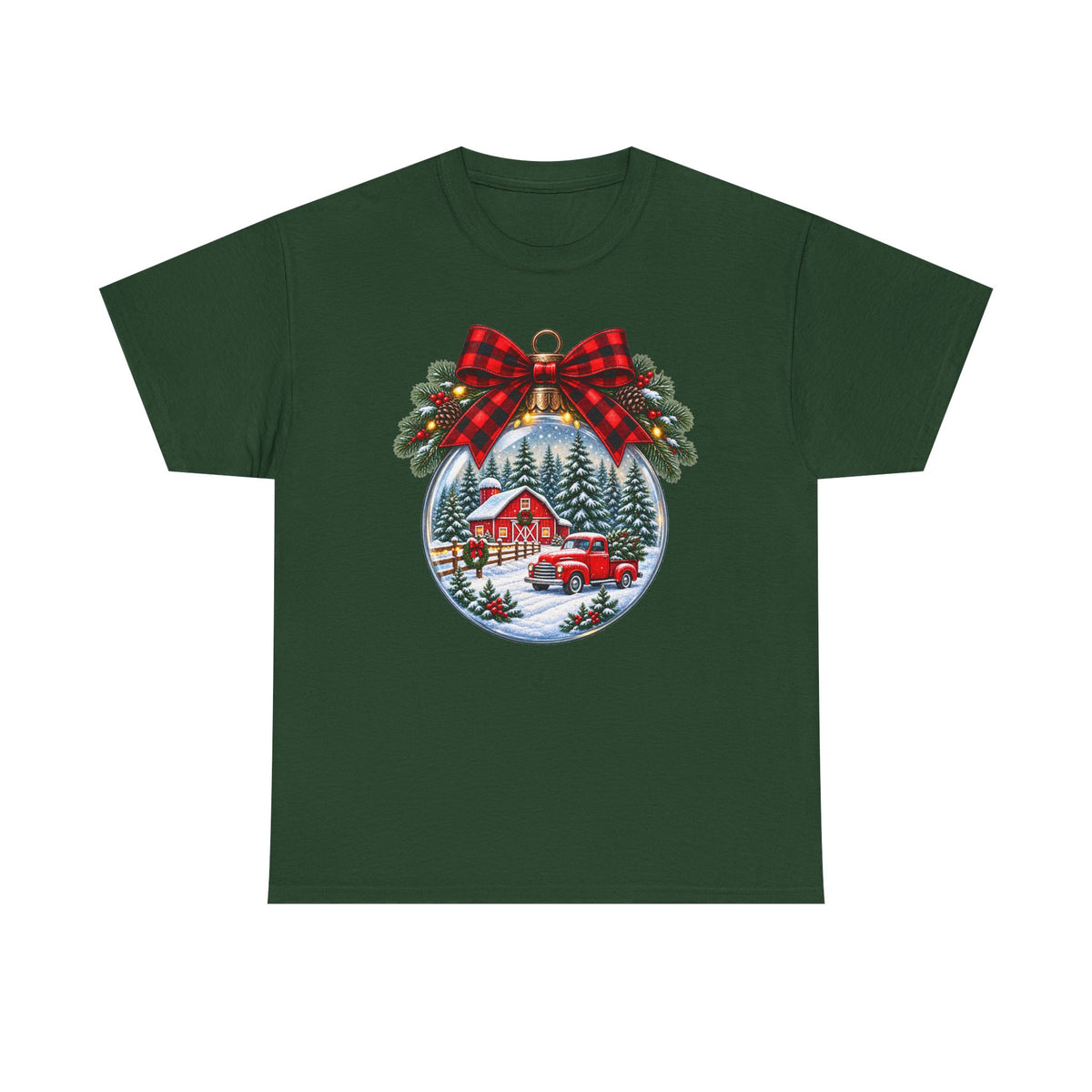 Christmas Ornament Scene T-Shirt — Vintage Red Truck & Snowy Cabin Holiday Tee
