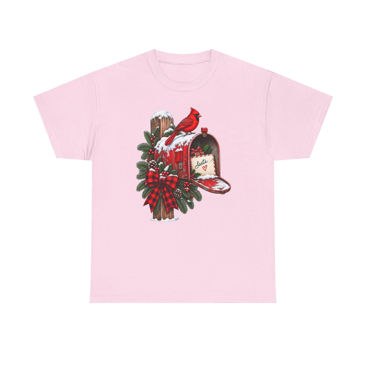 Christmas Cardinal Mailbox T-Shirt — Holiday Wreath & Red Cardinal Tee