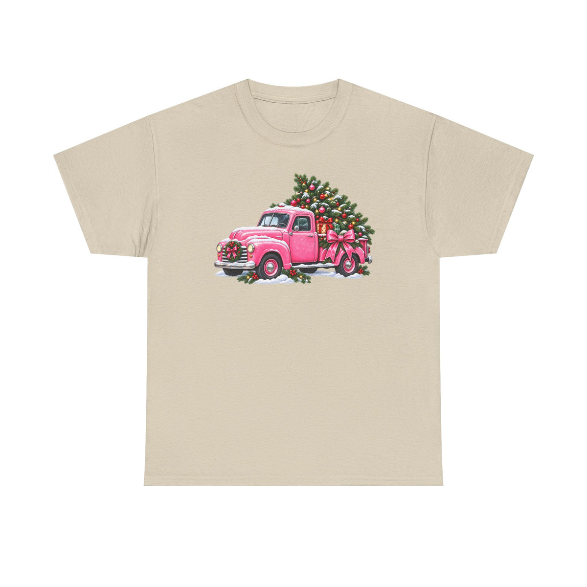 Vintage Pink Truck Christmas Tee — Retro Holiday Tree Shirt