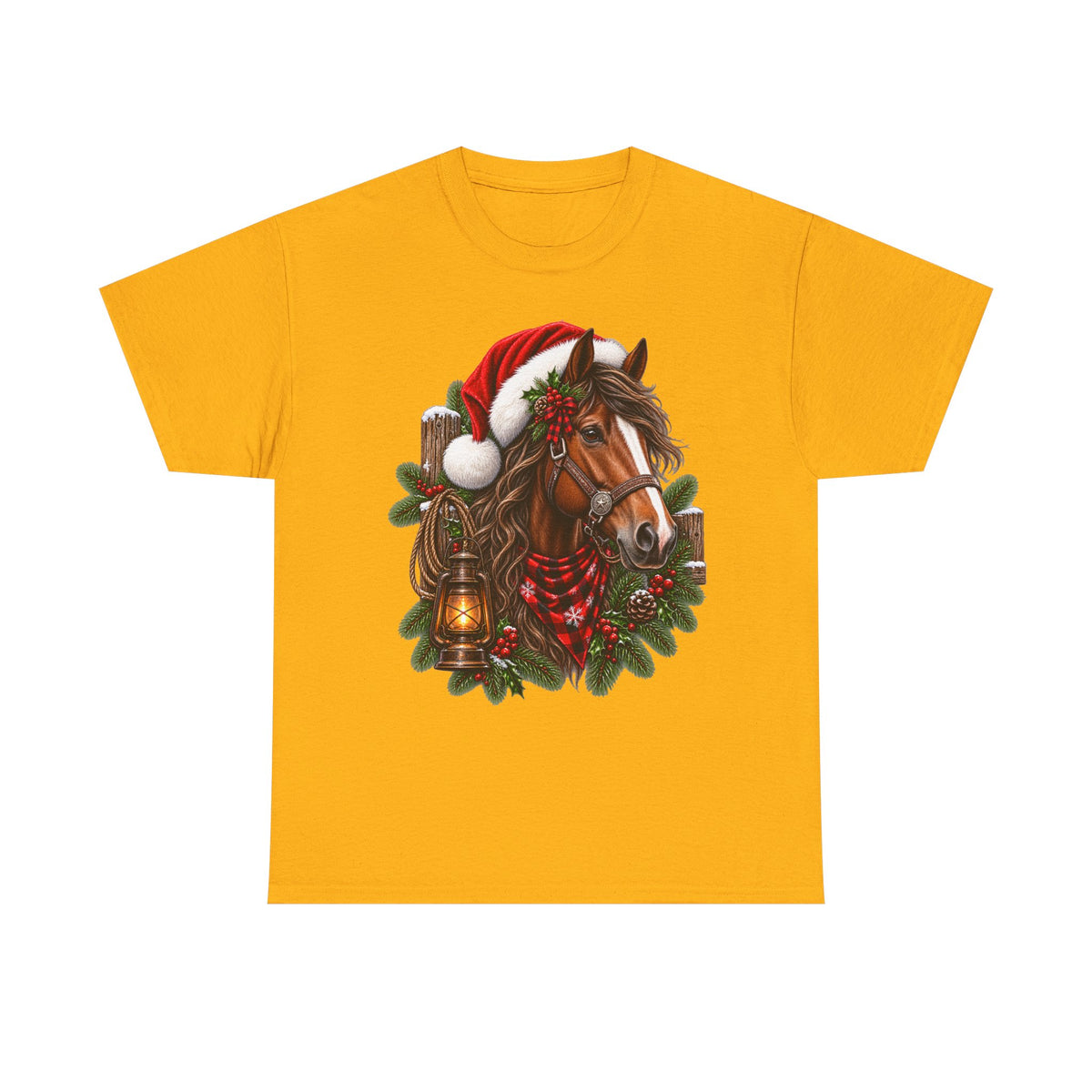 Christmas Horse T-Shirt — Holiday Santa Hat & Lantern Equestrian Tee
