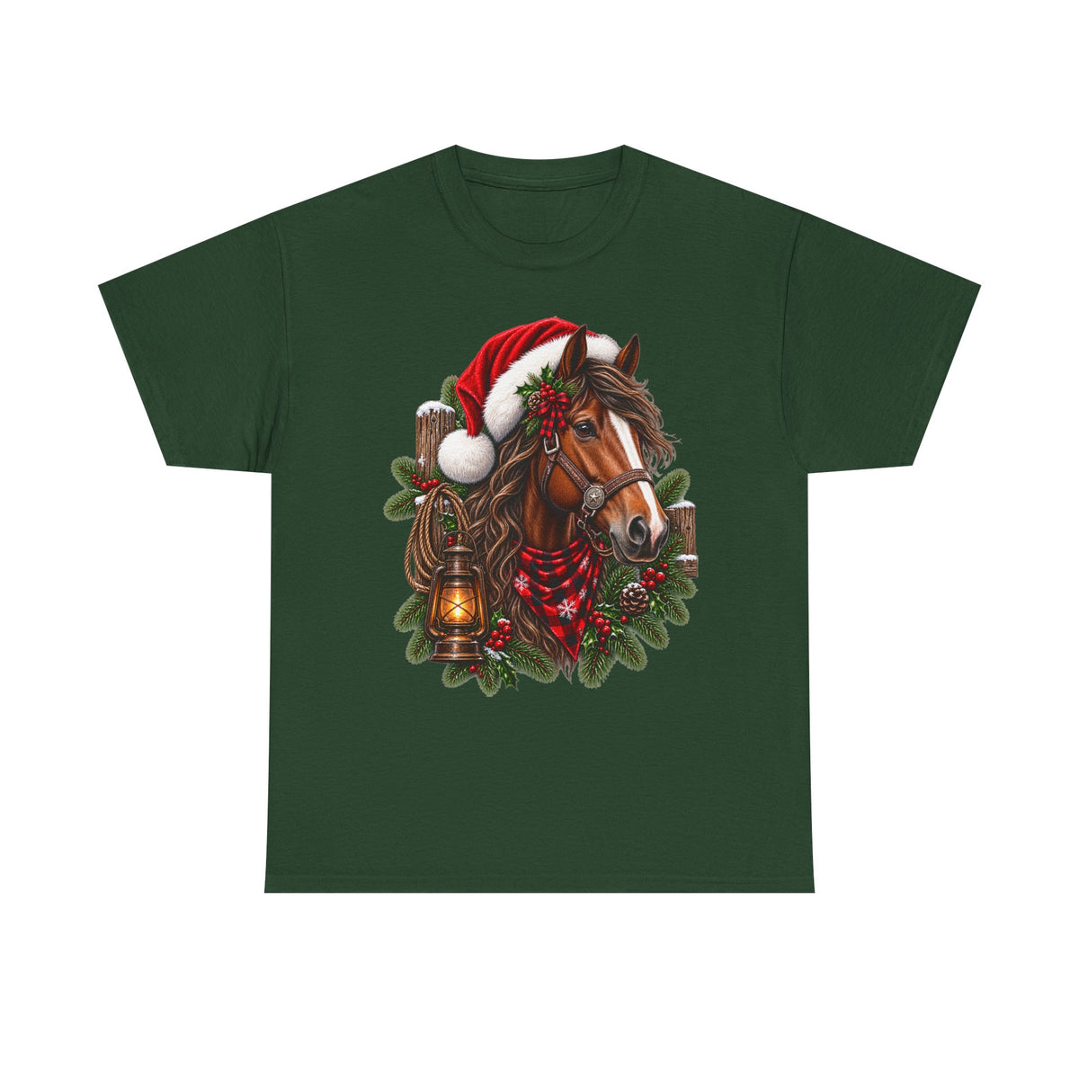 Christmas Horse T-Shirt — Holiday Santa Hat & Lantern Equestrian Tee
