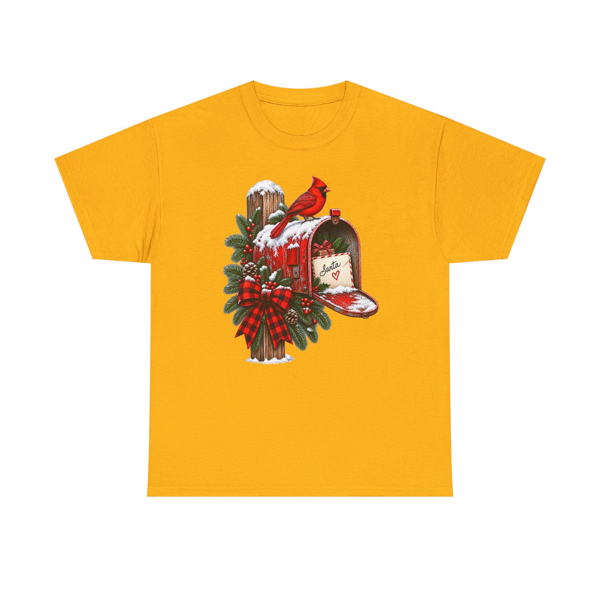 Christmas Cardinal Mailbox T-Shirt — Holiday Wreath & Red Cardinal Tee