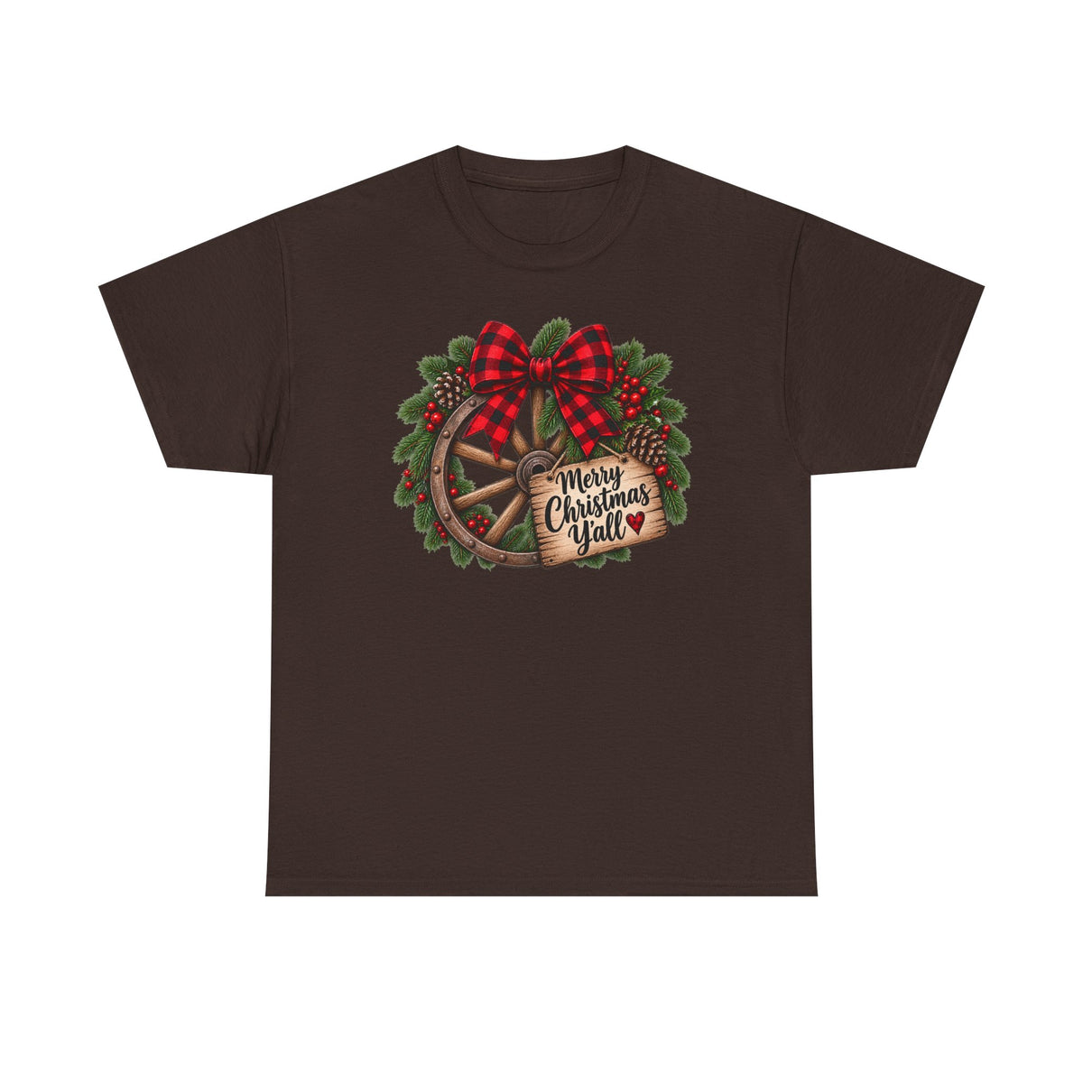 Christmas Wagon Wheel Tee — “Merry Christmas Y’all” Plaid Wreath Holiday Shirt