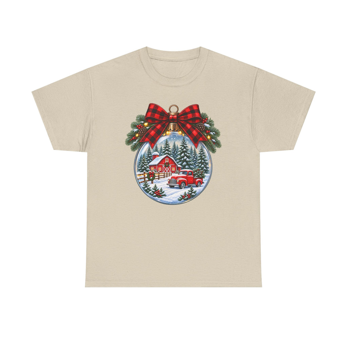 Christmas Ornament Scene T-Shirt — Vintage Red Truck & Snowy Cabin Holiday Tee