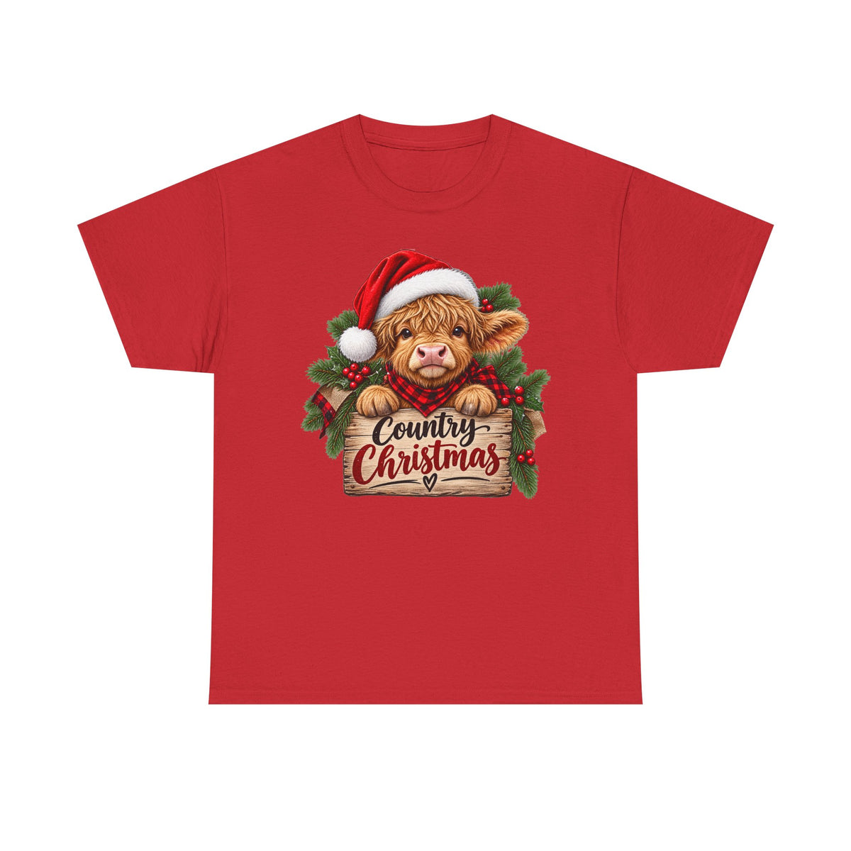 Country Christmas Cow T-Shirt — Cute Highland Calf Santa Holiday Tee