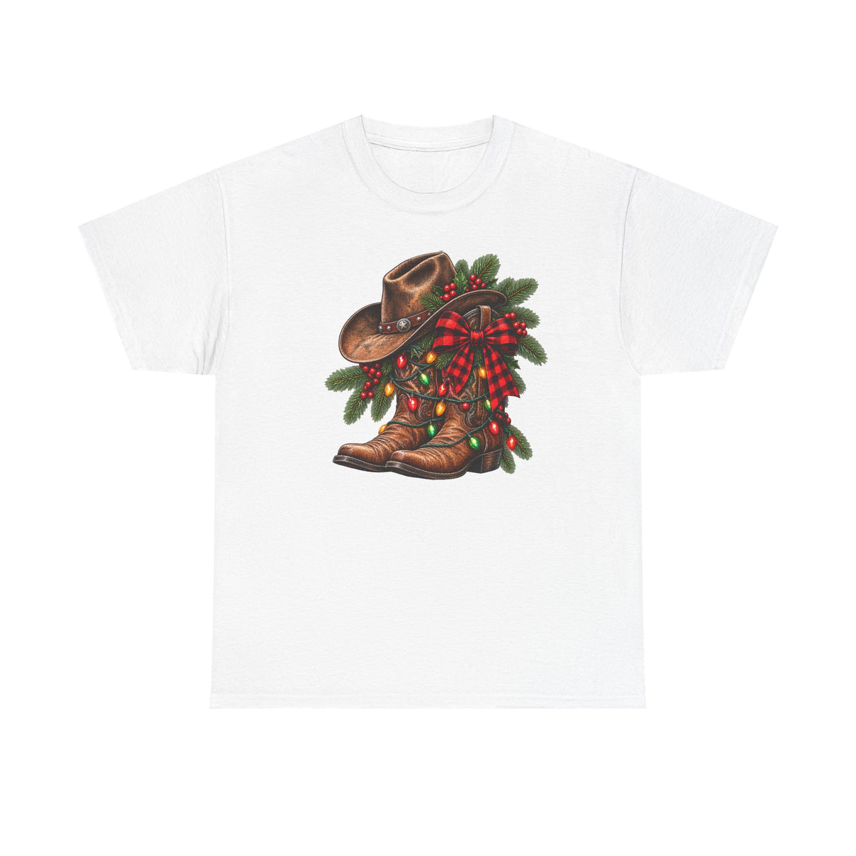 Western Christmas Tee — Cowboy Boot & Hat Holiday Design