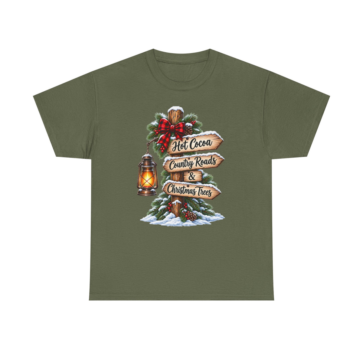 Christmas Signpost T-Shirt — “Hot Cocoa, Country Roads & Christmas Trees” Holiday Tee