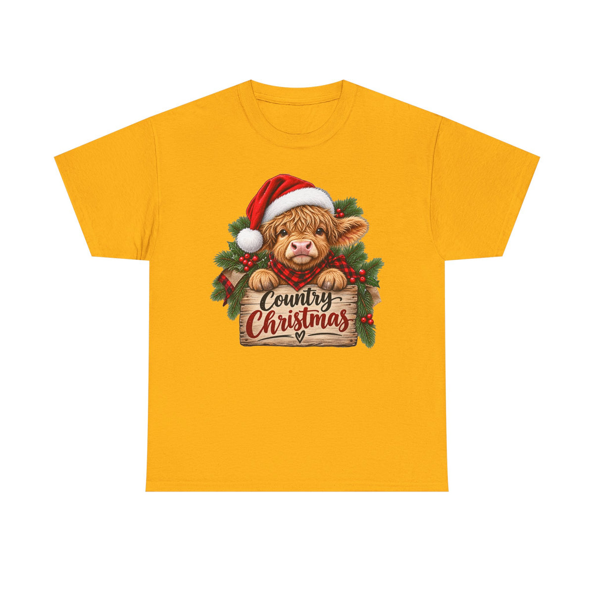 Country Christmas Cow T-Shirt — Cute Highland Calf Santa Holiday Tee