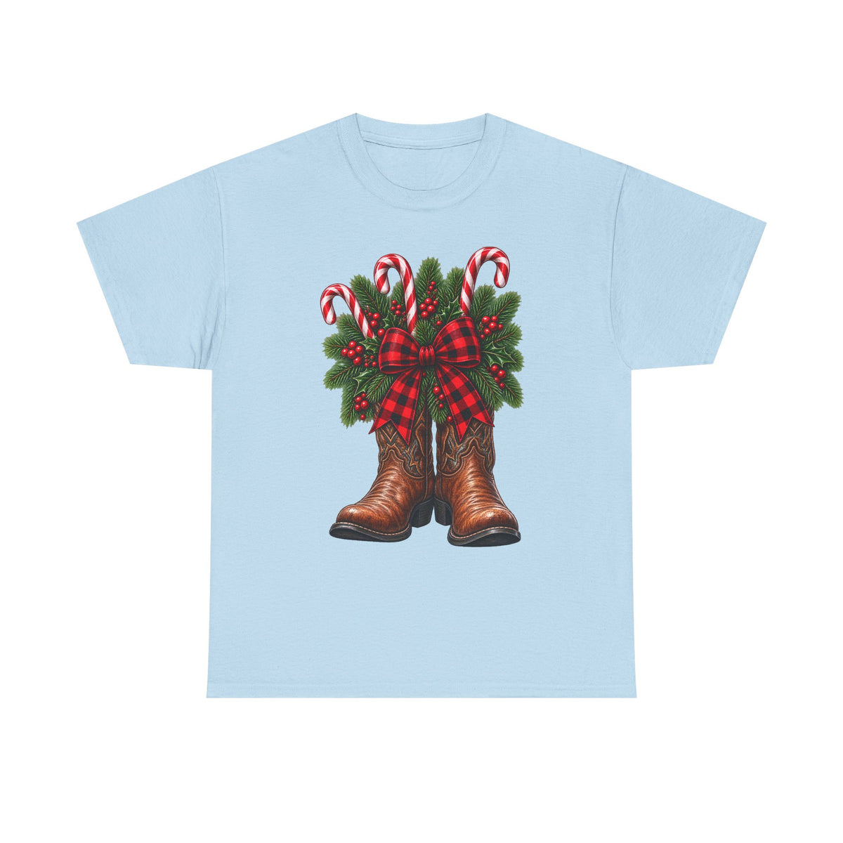 Cowboy Boots Christmas Tee — Holiday Cowboy Boots with Candy Canes & Wreath