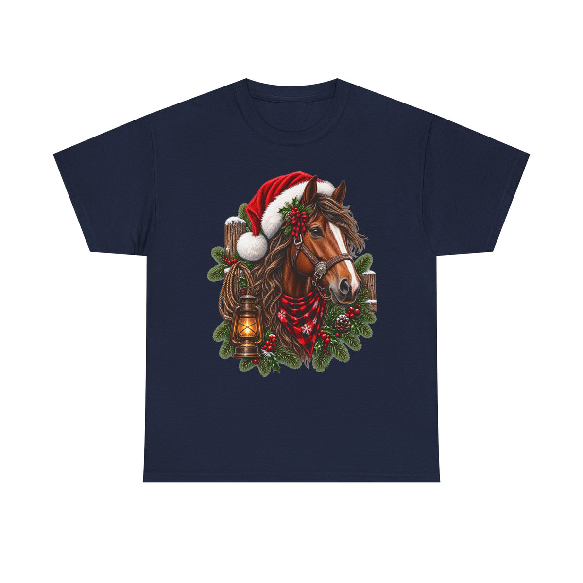 Christmas Horse T-Shirt — Holiday Santa Hat & Lantern Equestrian Tee