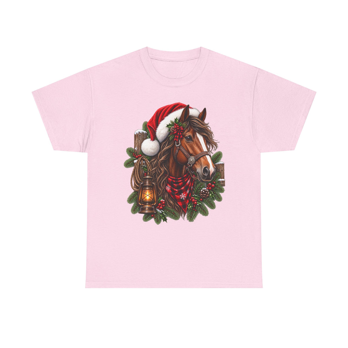 Christmas Horse T-Shirt — Holiday Santa Hat & Lantern Equestrian Tee