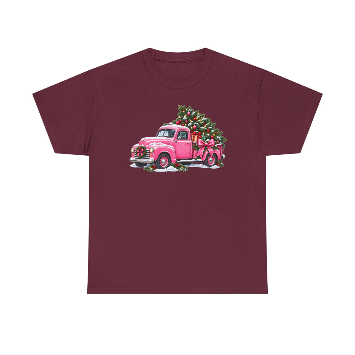 Vintage Pink Truck Christmas Tee — Retro Holiday Tree Shirt
