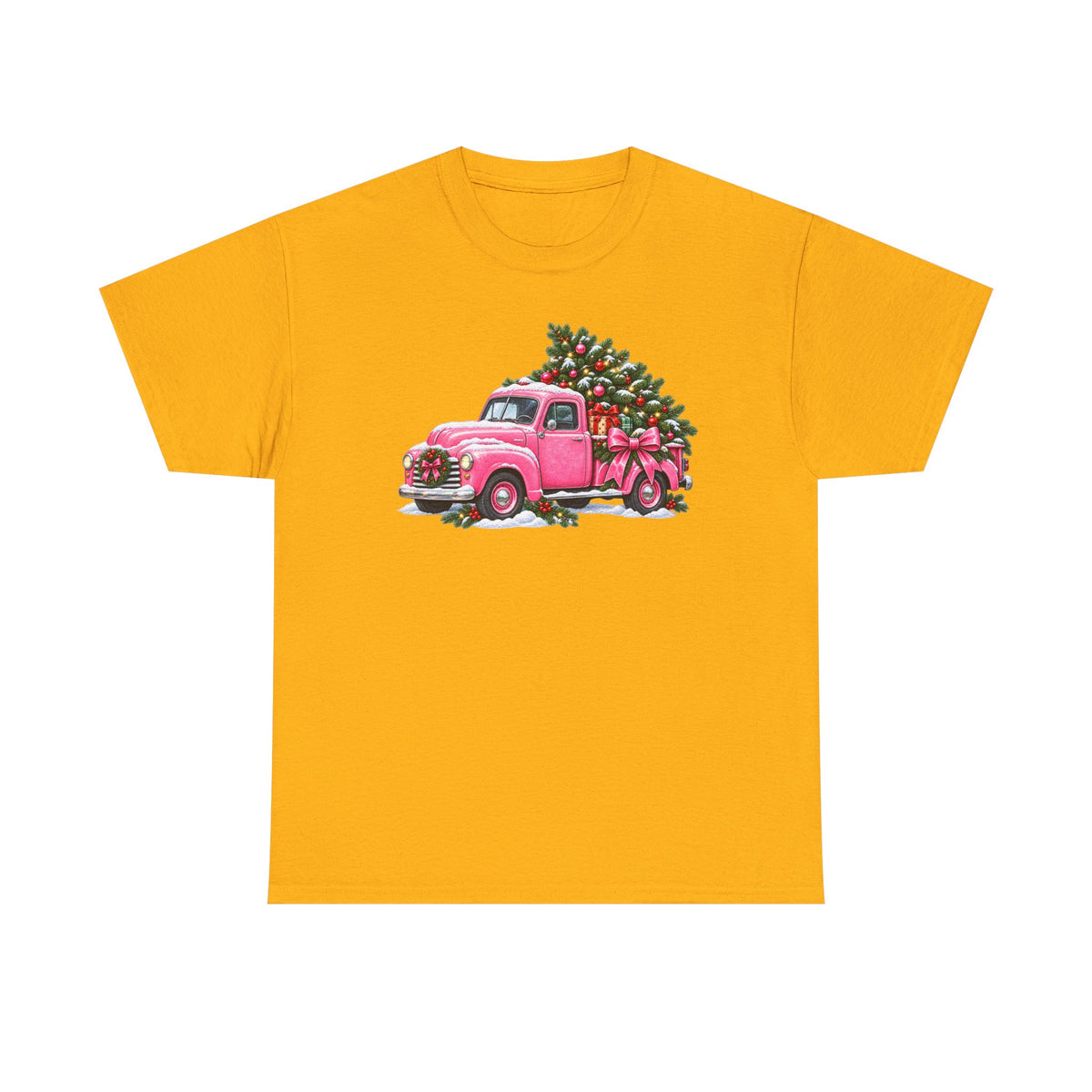 Vintage Pink Truck Christmas Tee — Retro Holiday Tree Shirt