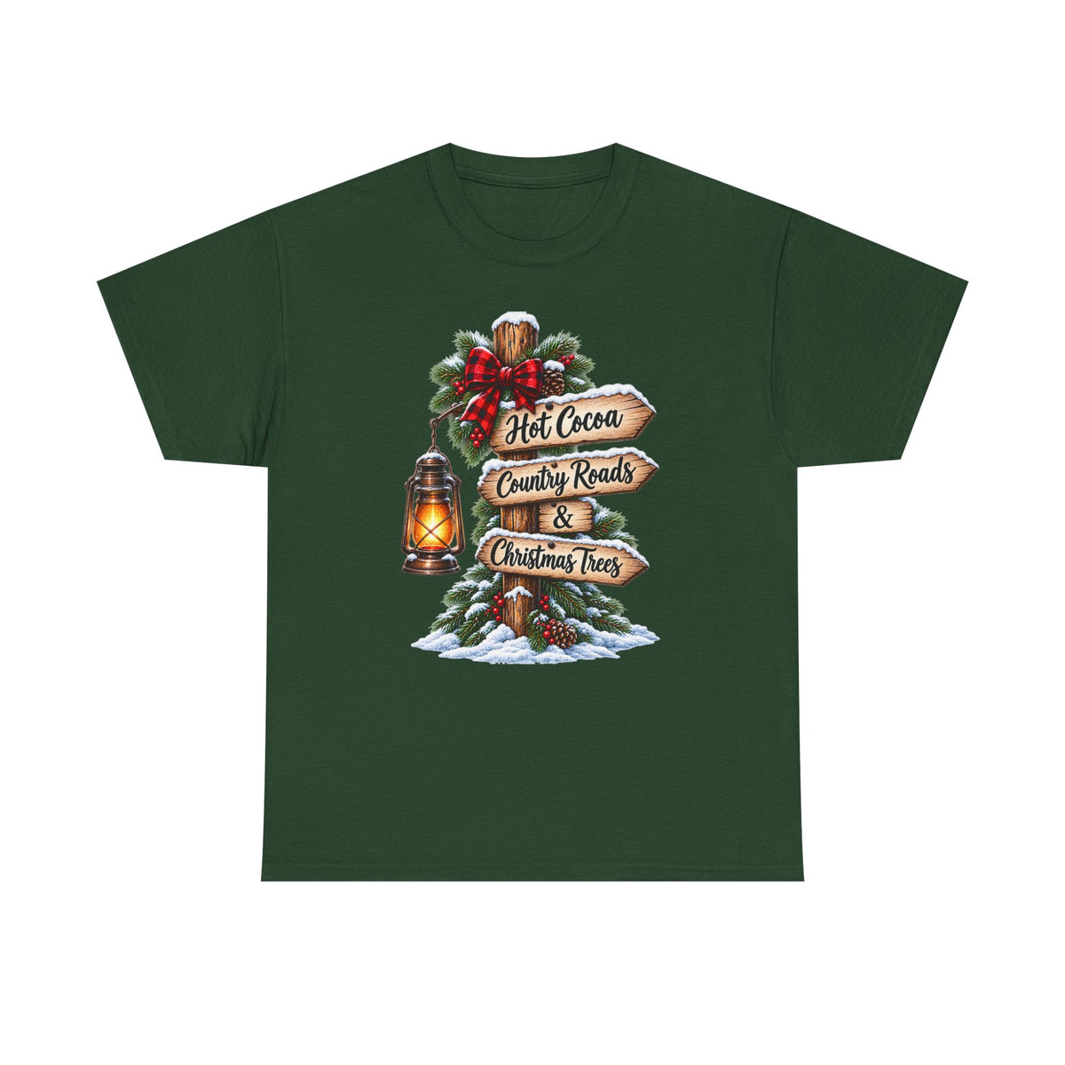 Christmas Signpost T-Shirt — “Hot Cocoa, Country Roads & Christmas Trees” Holiday Tee