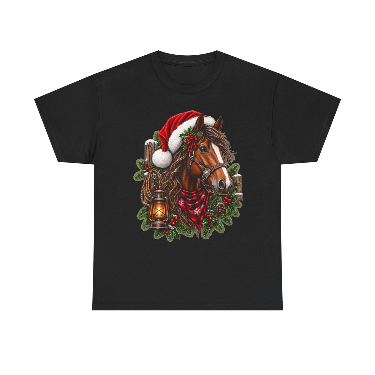 Christmas Horse T-Shirt — Holiday Santa Hat & Lantern Equestrian Tee