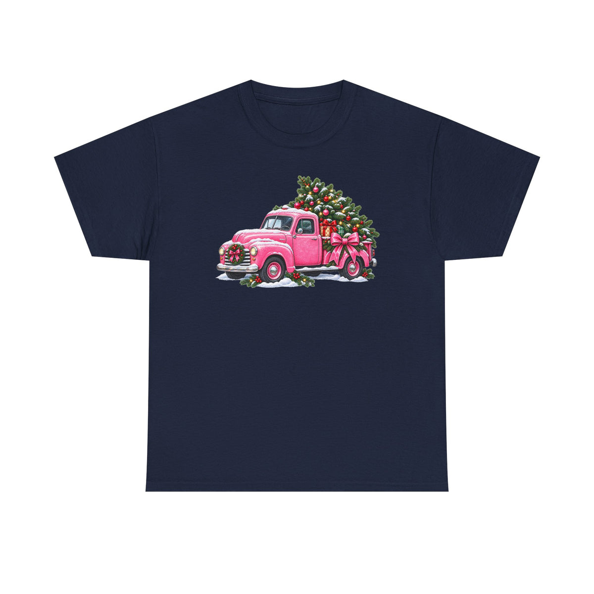 Vintage Pink Truck Christmas Tee — Retro Holiday Tree Shirt