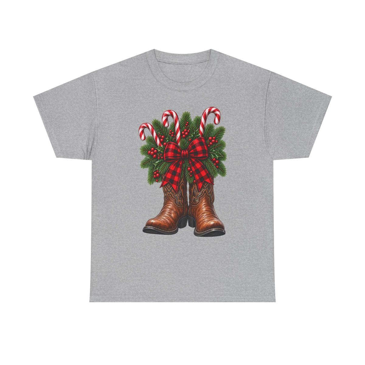 Cowboy Boots Christmas Tee — Holiday Cowboy Boots with Candy Canes & Wreath