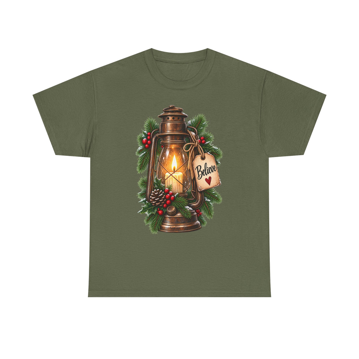Lantern & Pine Christmas Tee — "Believe" Holiday T-Shirt