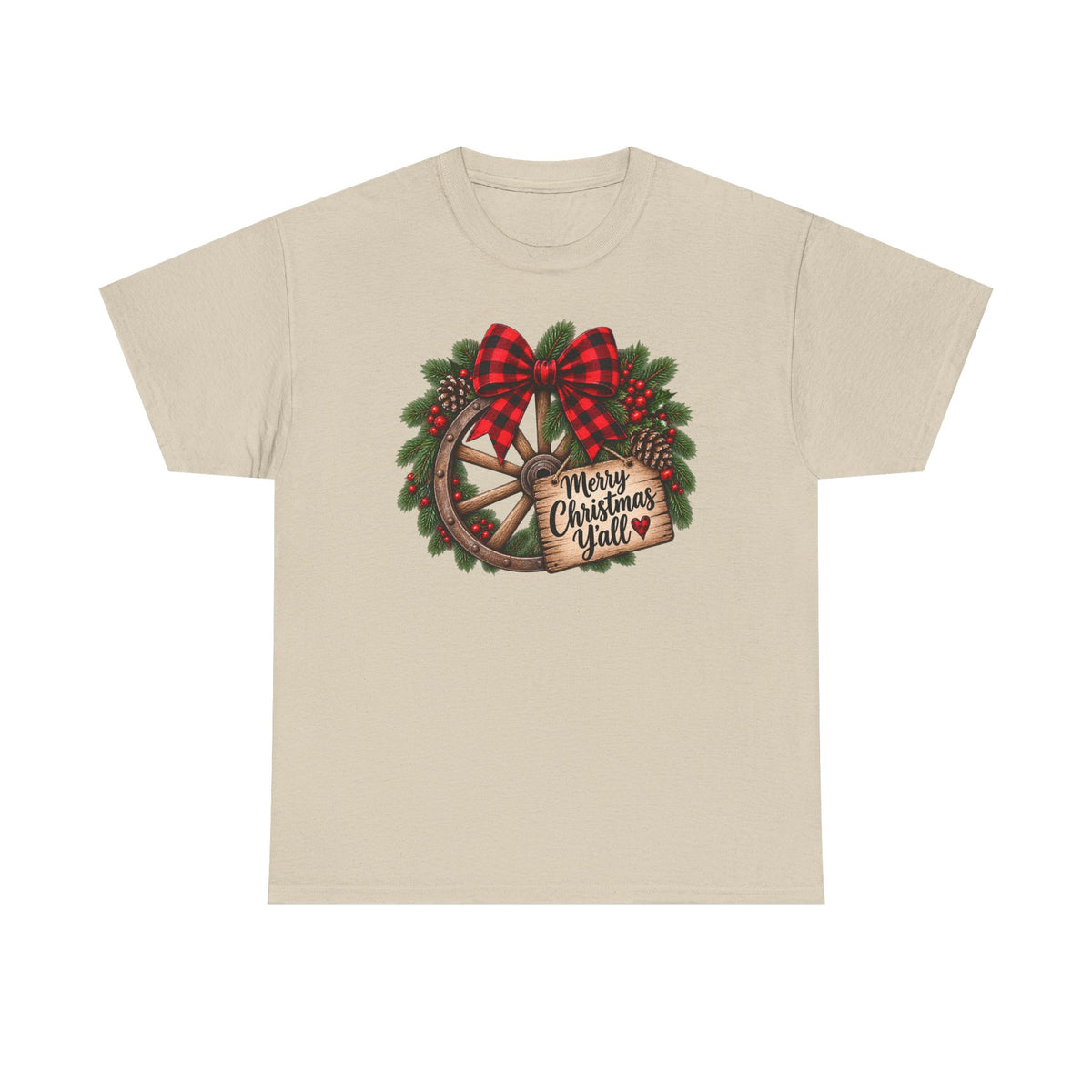 Christmas Wagon Wheel Tee — “Merry Christmas Y’all” Plaid Wreath Holiday Shirt