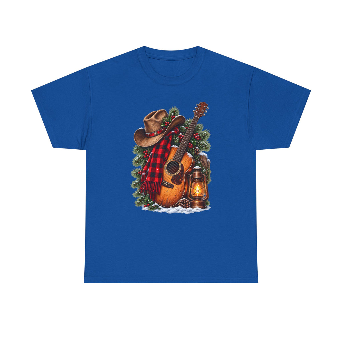 Country Christmas Guitar T‑Shirt — Cowboy Hat, Plaid & Lantern Holiday Tee
