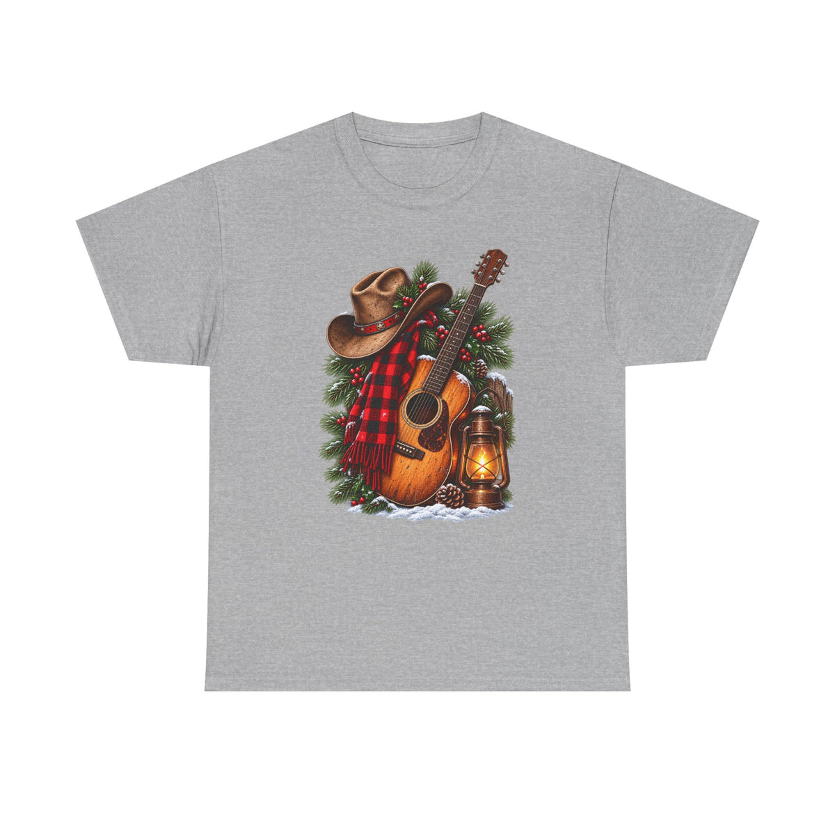 Country Christmas Guitar T‑Shirt — Cowboy Hat, Plaid & Lantern Holiday Tee