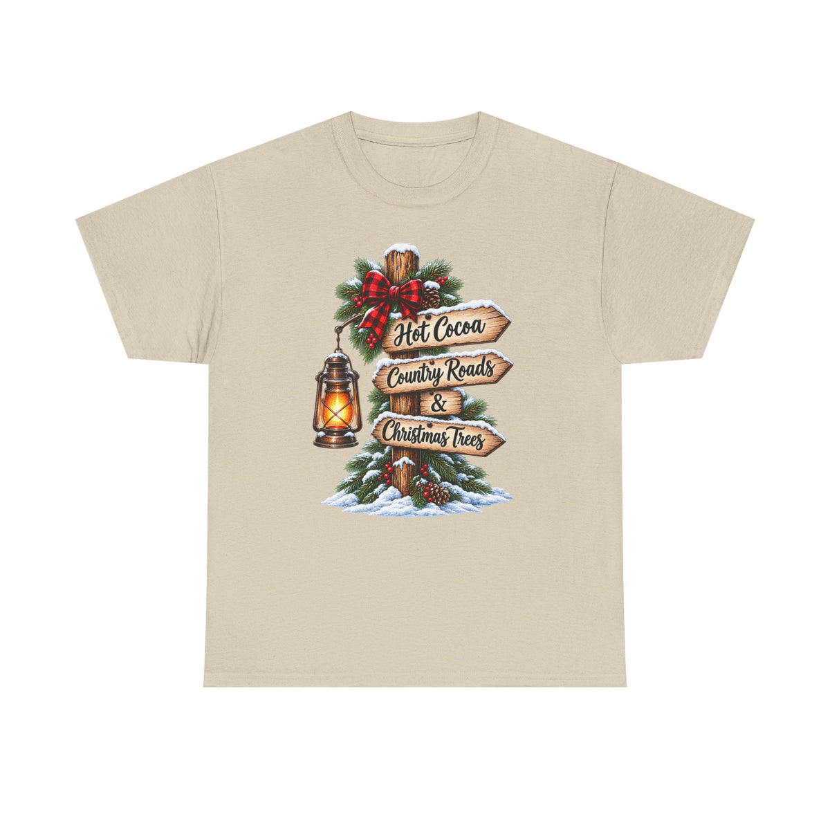 Christmas Signpost T-Shirt — “Hot Cocoa, Country Roads & Christmas Trees” Holiday Tee