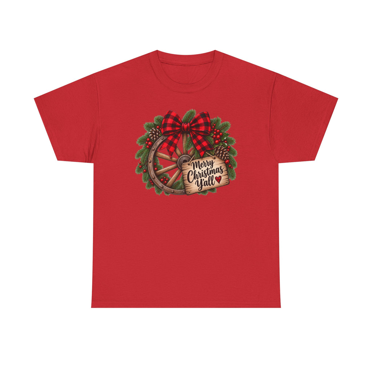 Christmas Wagon Wheel Tee — “Merry Christmas Y’all” Plaid Wreath Holiday Shirt
