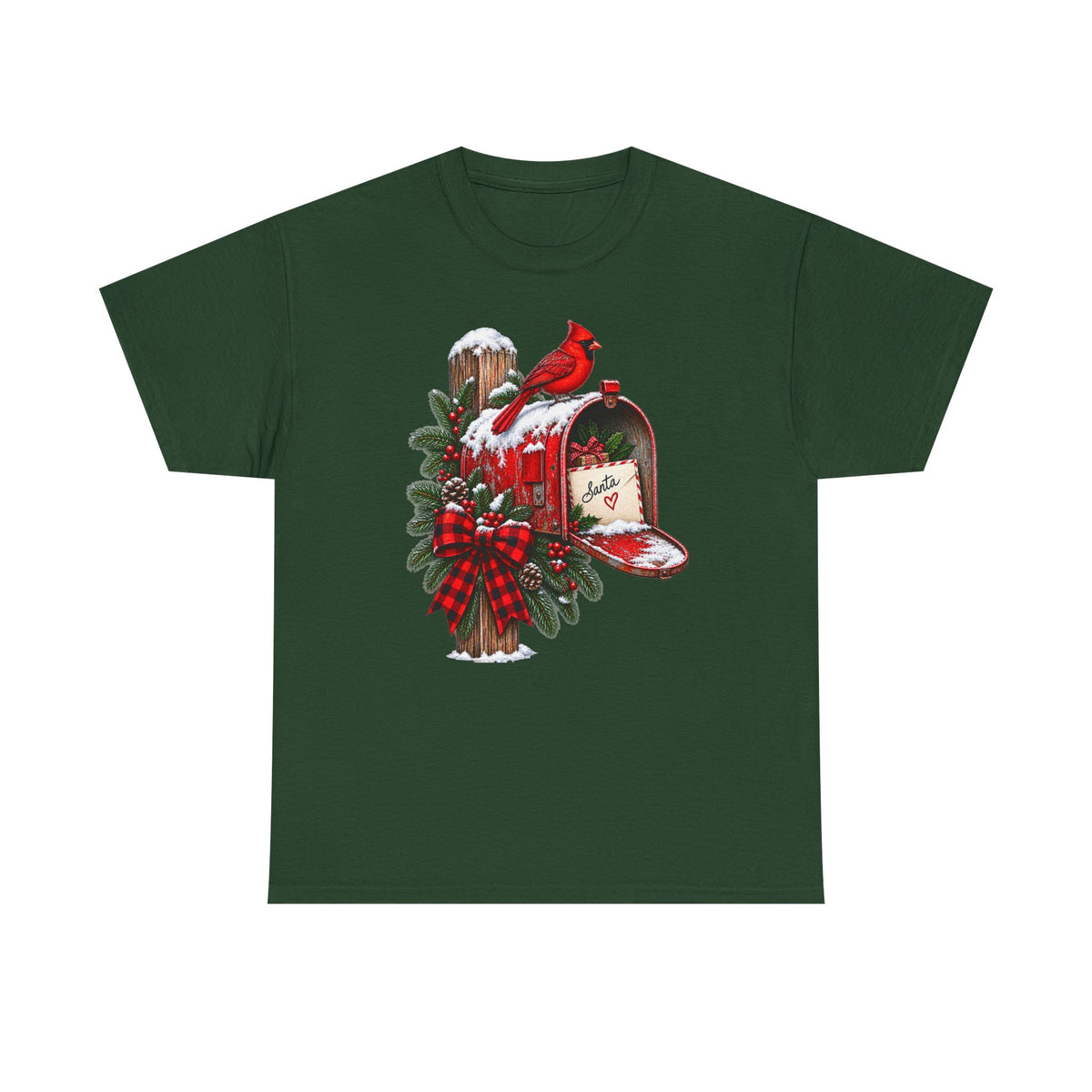 Christmas Cardinal Mailbox T-Shirt — Holiday Wreath & Red Cardinal Tee